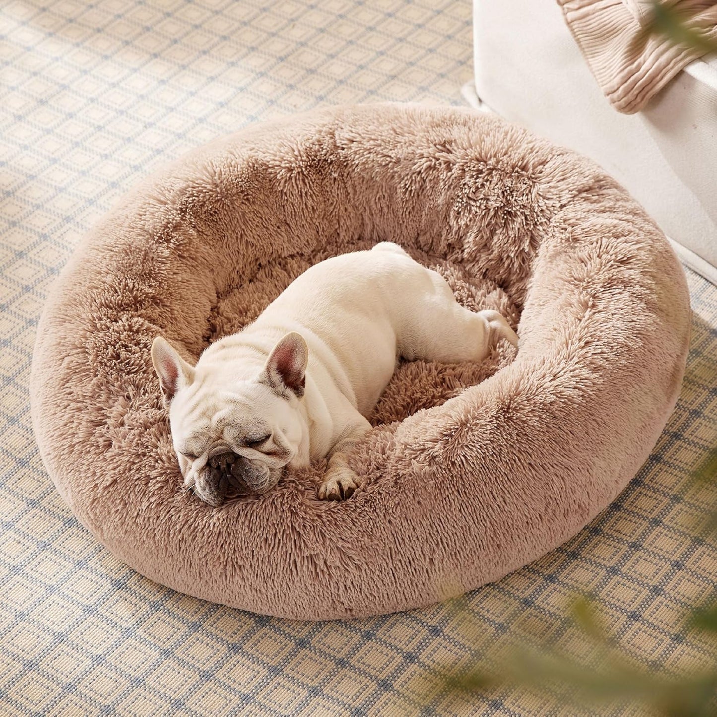 Dog Bed for Medium Dogs - Donut Washable Medium Pet Bed, 30 inches Anti-Slip Round Fluffy Plush Faux Fur Cat Bed, Fits up to 45 lbs Pets, Camel